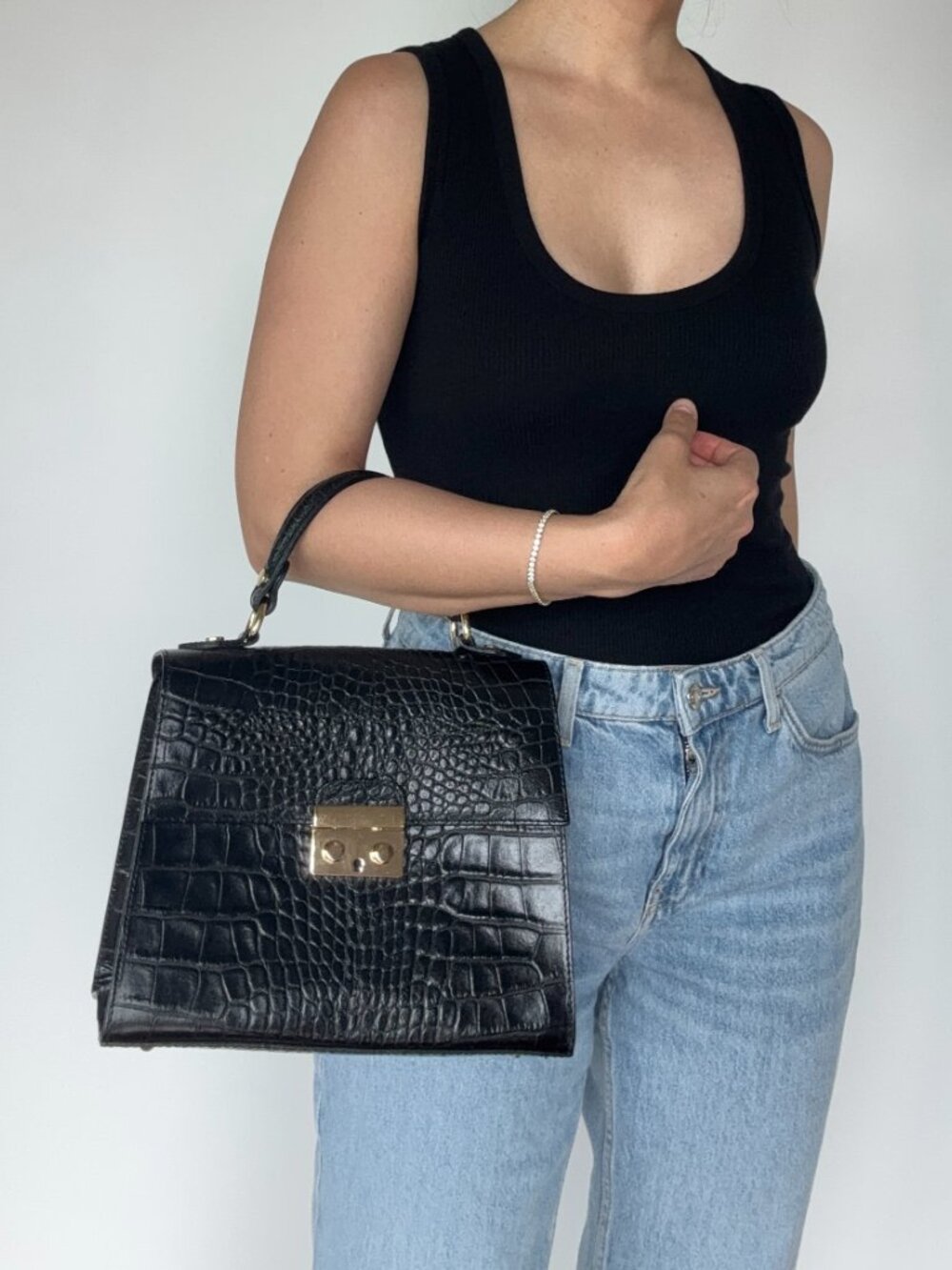 Classic Black Genuine Italian Leather Croc Top Handle Bag - Picture 5 of 11
